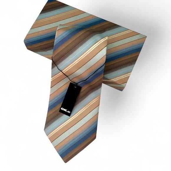 OK.c Microfiber Tie with Matching Gift Box Tan Blue Brown Stripe - Picture 1 of 4